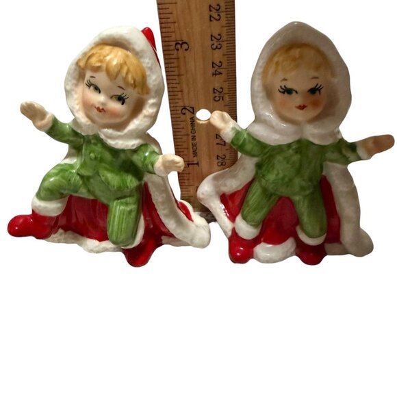 Christmas Pixie Girl Elf Cape Red Green Porcelain Holiday Vtg Figurines Japan - Picture 7 of 7